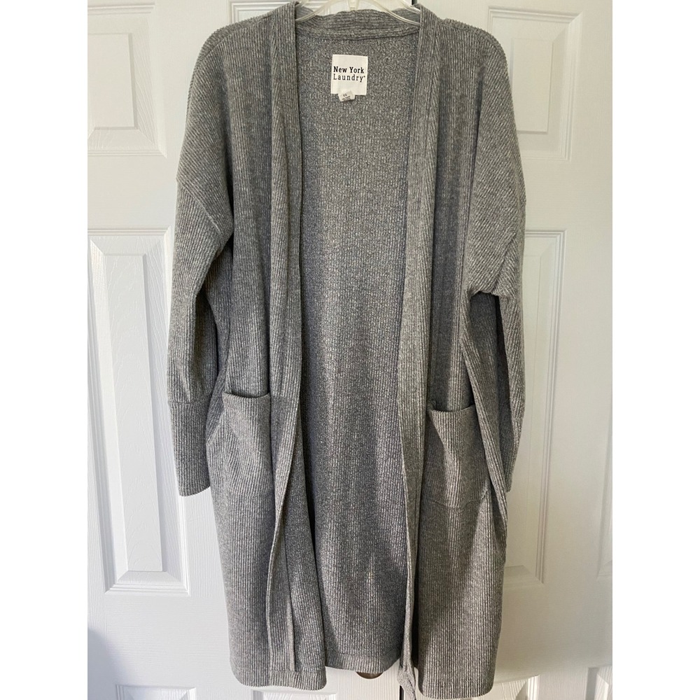 New York Laundry Cardigan Women XL Gray Ribbed Knit Longline Open Front Pocket